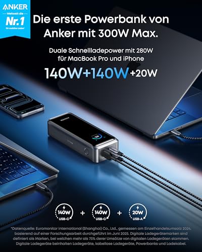 Anker Prime Powerbank (26K, 300W) + Anker Prime USB-C auf USB-C Kabel (240W, Upcycled-Flechtdesign)