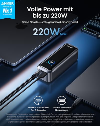 Anker Prime Powerbank (20K, 220W)+Anker Prime USB-C auf USB-C Kabel (240W, Upcycled-Flechtdesign)