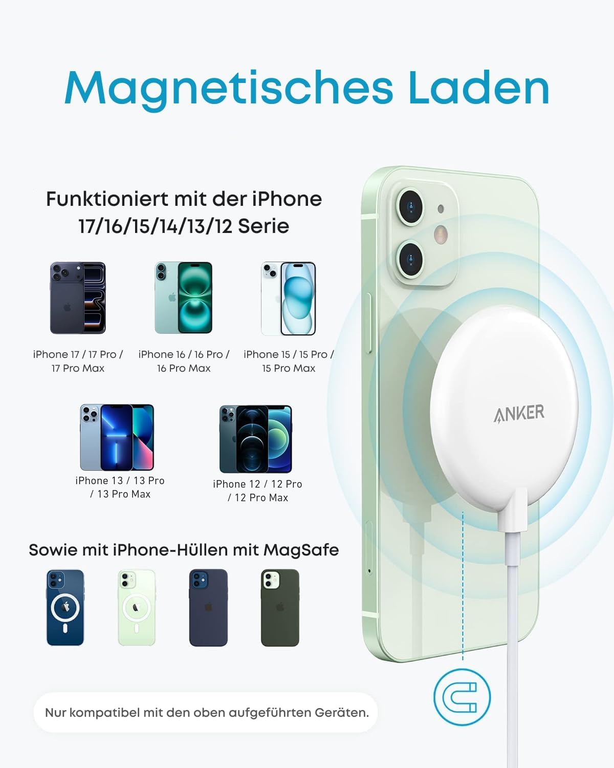 Anker Magnetisches Kabelloses Ladepad, Wireless Charger mit 1,5m USB-C Kabel, Qi-Zertifiziert für iPhone 17 Pro Max/17 Pro/17/16/15/14/13/12 Serie, (Ohne Netzteil)