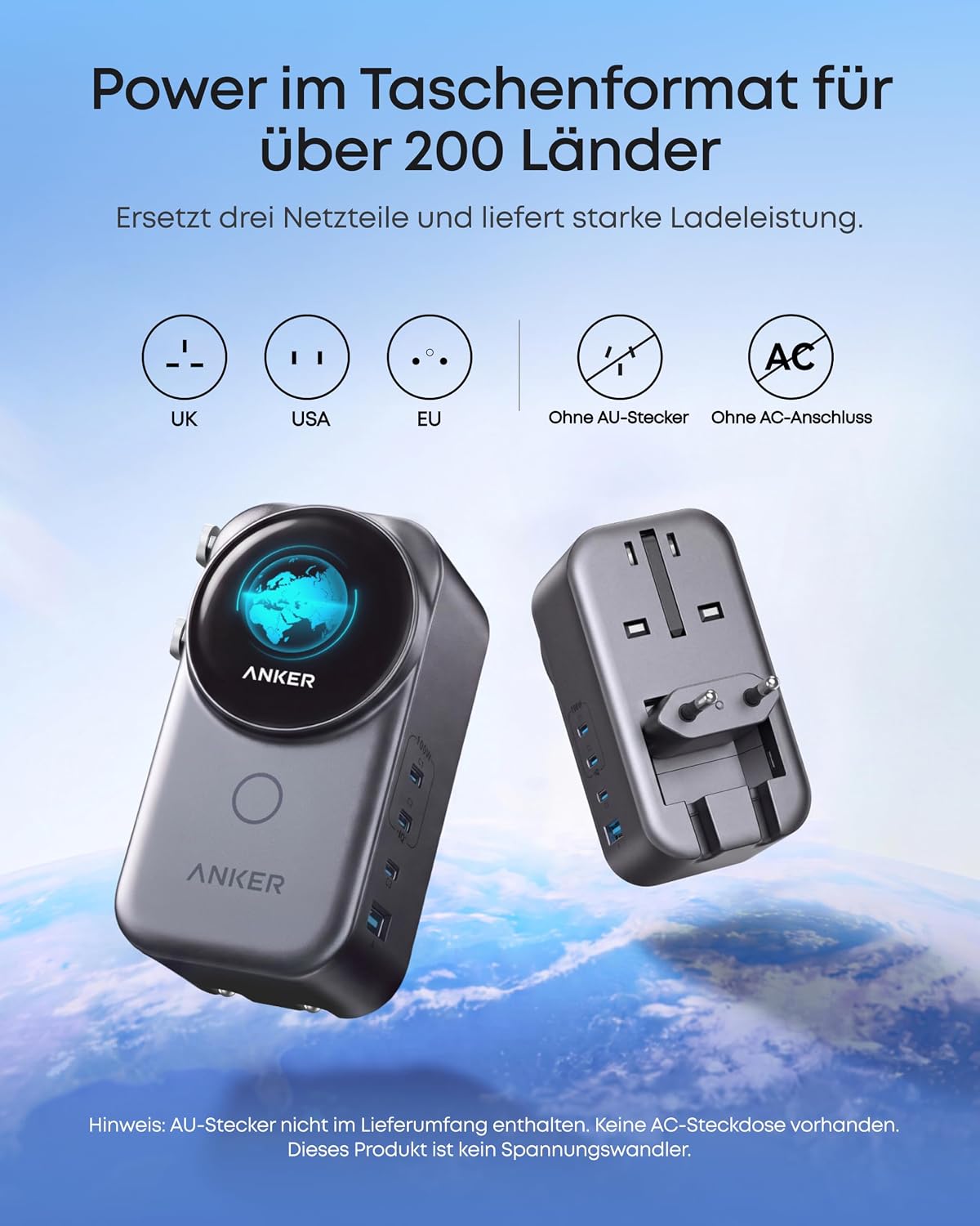Anker Smart Reiseadapter, kompakter 100W GaN USB C universelles Ladegerät