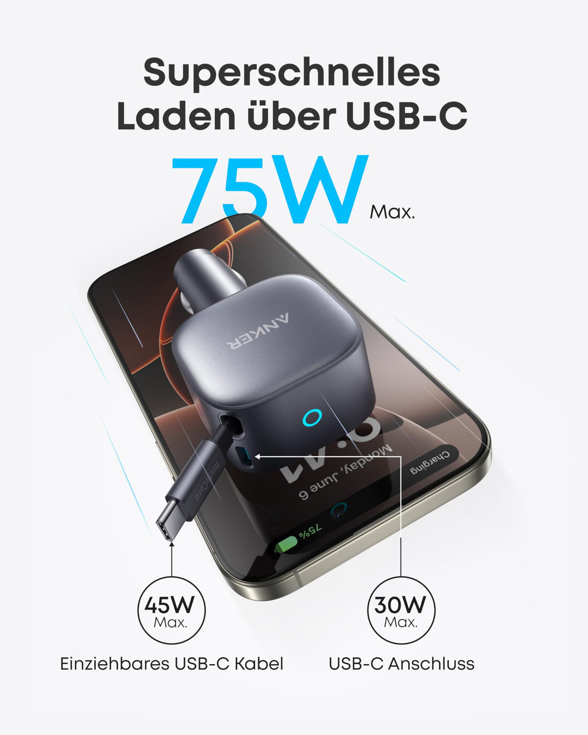 Anker Nano Kfz-Ladegerät  (75W, USB-C Port, Integriertes einziehbares USB-C Kabel) + Anker Prime USB-C auf USB-C Kabel (240W, Upcycled-Flechtdesign)