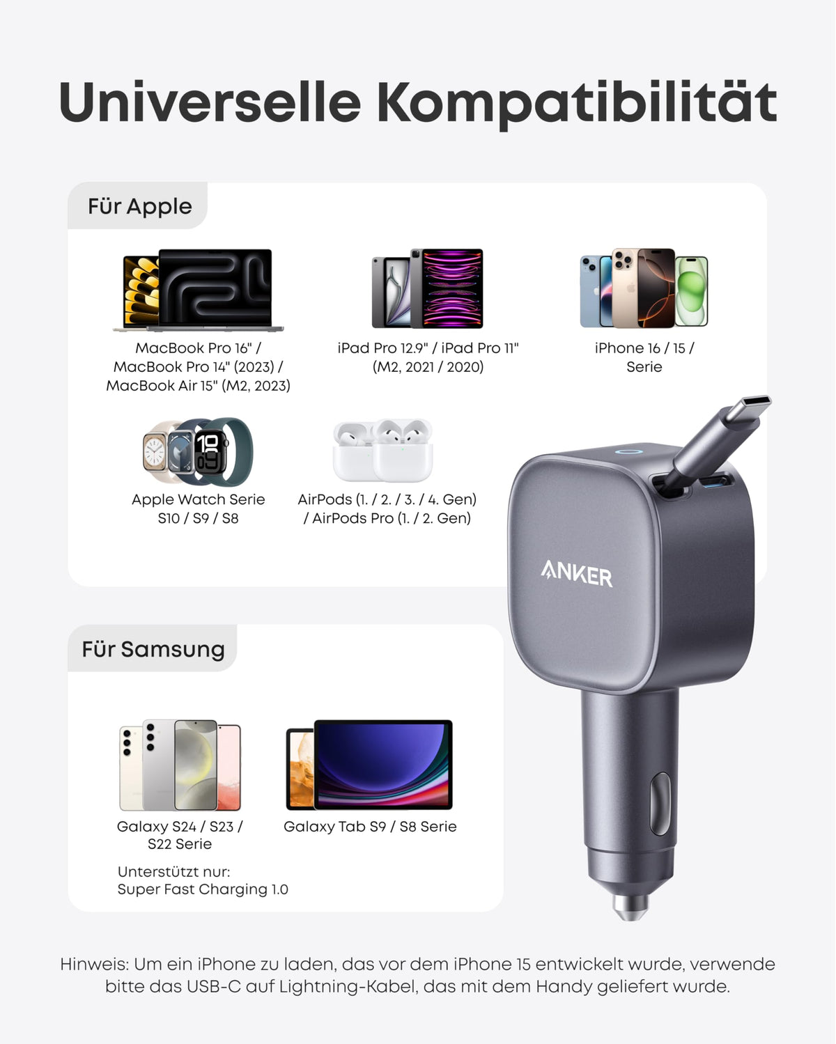 Anker Nano Kfz-Ladegerät  (75W, USB-C Port, Integriertes einziehbares USB-C Kabel) + Anker Prime USB-C auf USB-C Kabel (240W, Upcycled-Flechtdesign)
