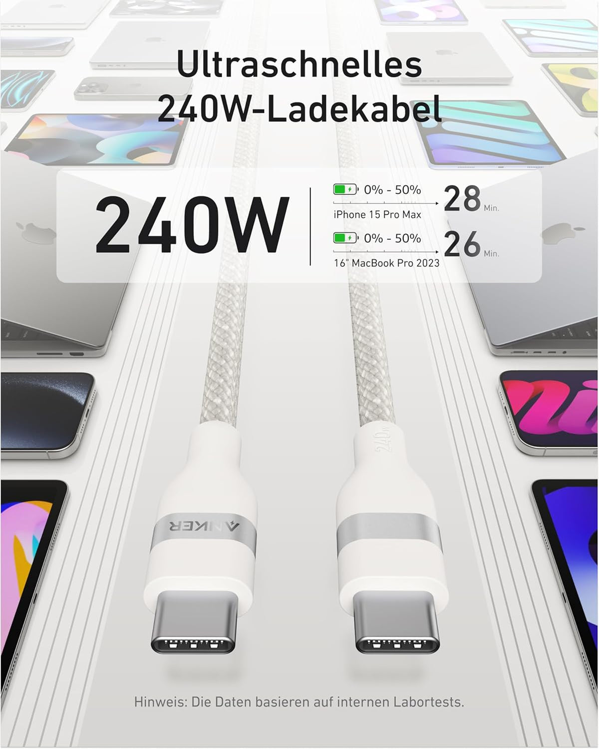 Anker Nano Ladegerät (45W, Smart Display)+Anker USB-C auf USB-C Kabel (90cm/180cm, 240W, Upcycled-Geflochten)