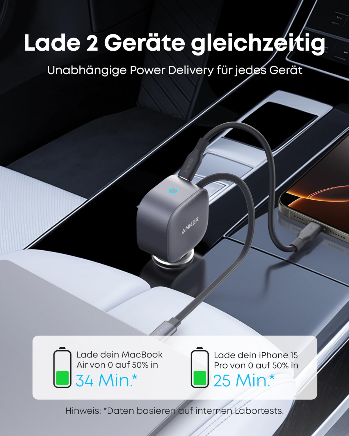 Anker Nano Kfz-Ladegerät  (75W, USB-C Port, Integriertes einziehbares USB-C Kabel) + Anker Prime USB-C auf USB-C Kabel (240W, Upcycled-Flechtdesign)