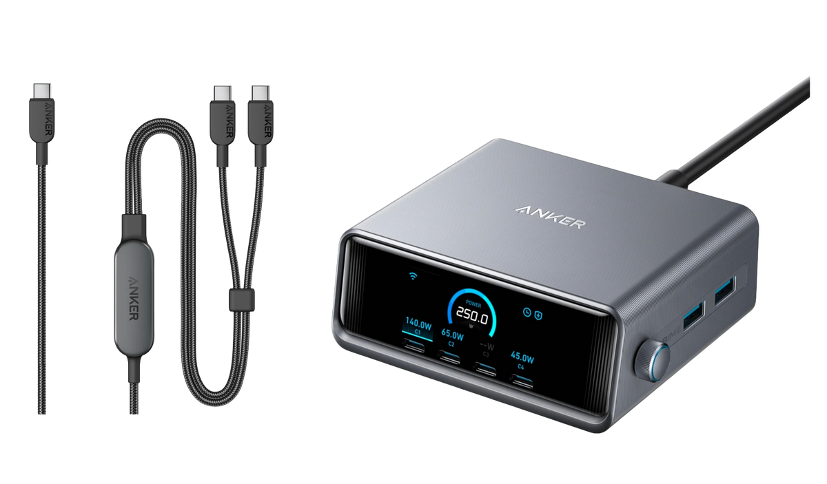 Anker Prime Ladegerät (250W, 6 Ports, GaNPrime) + Anker 2-in-1 USB-C auf USB-C Kabel (120cm, 140W, Flecht-Design)