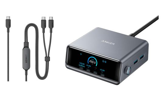 Anker Prime Ladegerät (250W, 6 Ports, GaNPrime) + Anker 2-in-1 USB-C auf USB-C Kabel (120cm, 140W, Flecht-Design)
