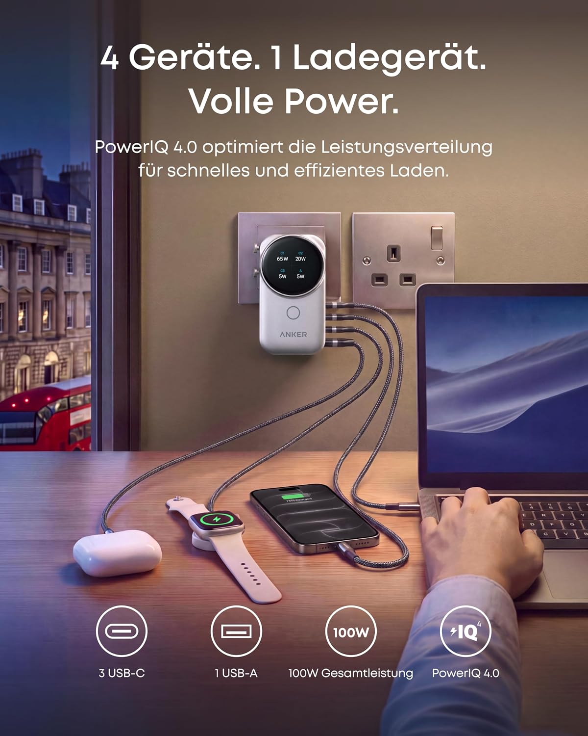 Anker Smart Reiseadapter, kompakter 100W GaN USB C universelles Ladegerät