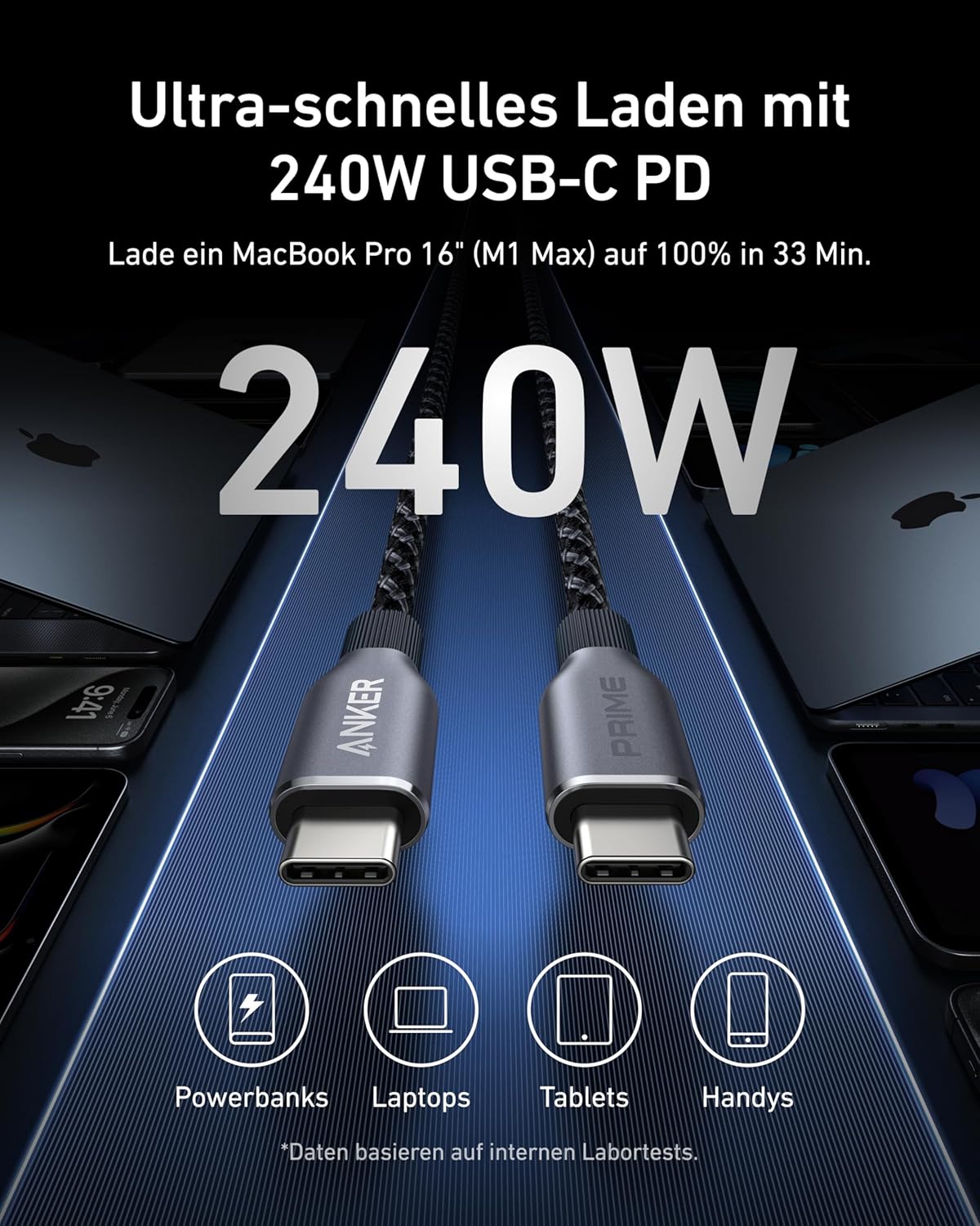 Anker Prime Ladegerät (250W, 6 Ports, GaNPrime) + Anker Prime USB-C auf USB-C Kabel (240W, Upcycled-Flechtdesign, 0,9m)