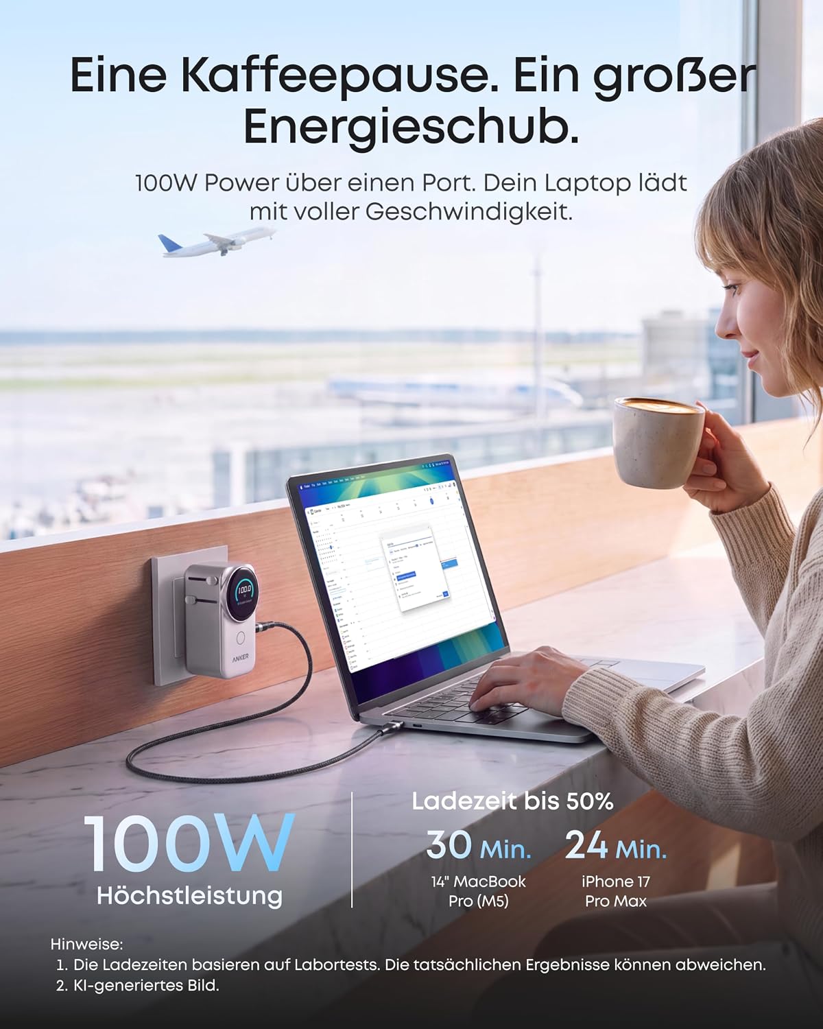 Anker Smart Reiseadapter, kompakter 100W GaN USB C universelles Ladegerät