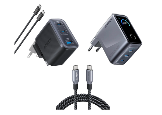 Anker Prime Ladegerät (160W, 3 Ports, GaNPrime）+ Anker Nano Ladegerät (70W, 3 Ports) + Anker Prime USB-C auf USB-C Kabel (1.8m, 240W, Upcycled-Flechtdesign)