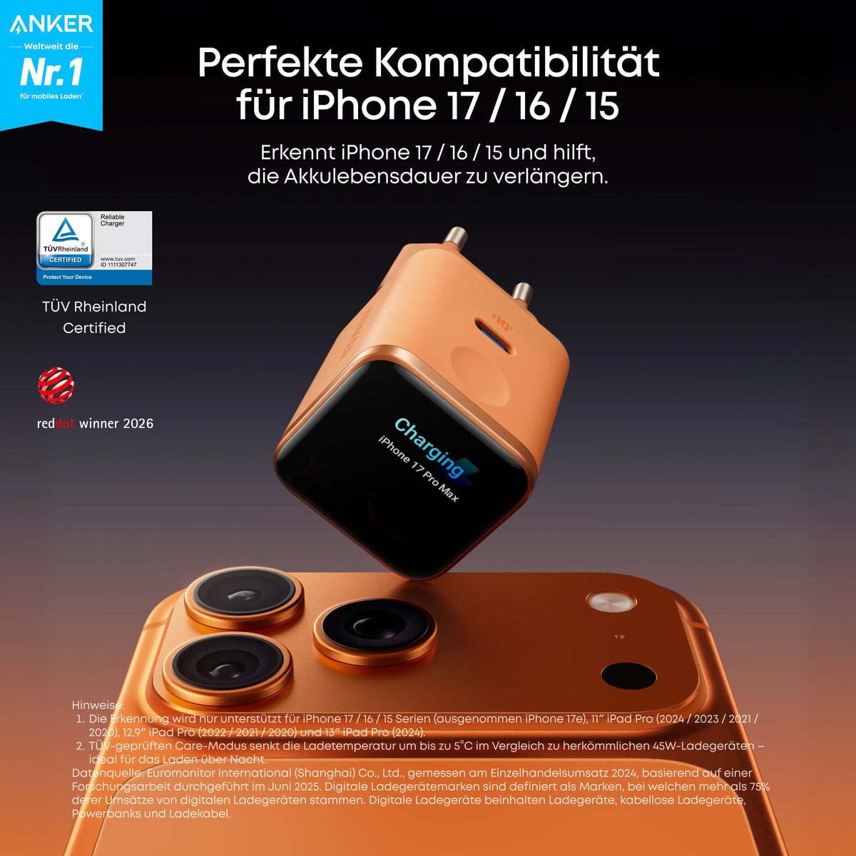 Anker Nano Ladegerät (45W, Smart Display, 3-Packung)