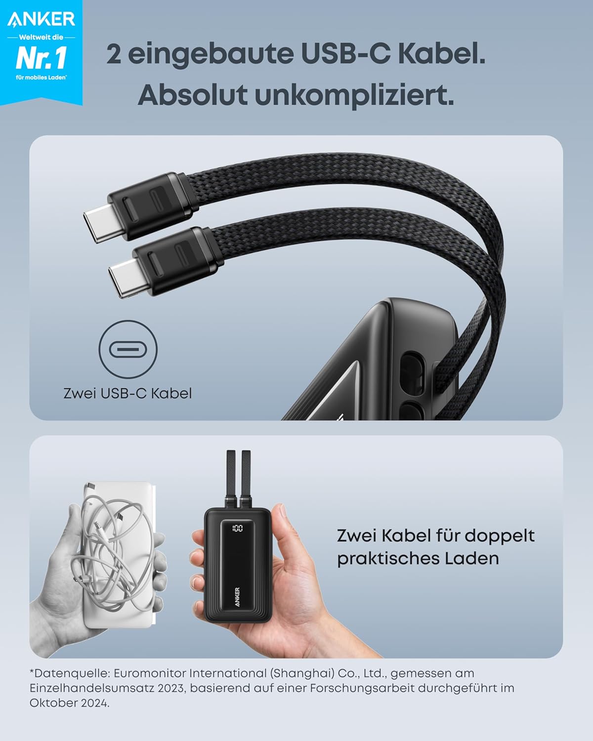 Anker Zolo Powerbank (20K, 45W, zwei integrierte USB-C Kabel)