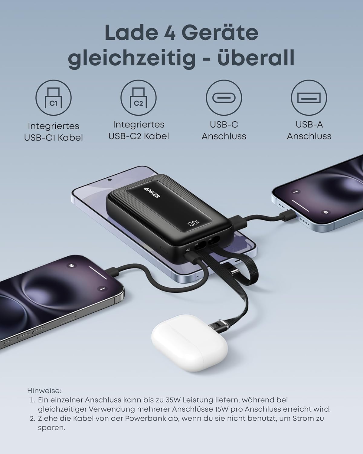 Anker Zolo Powerbank (20K, 45W, zwei integrierte USB-C Kabel)