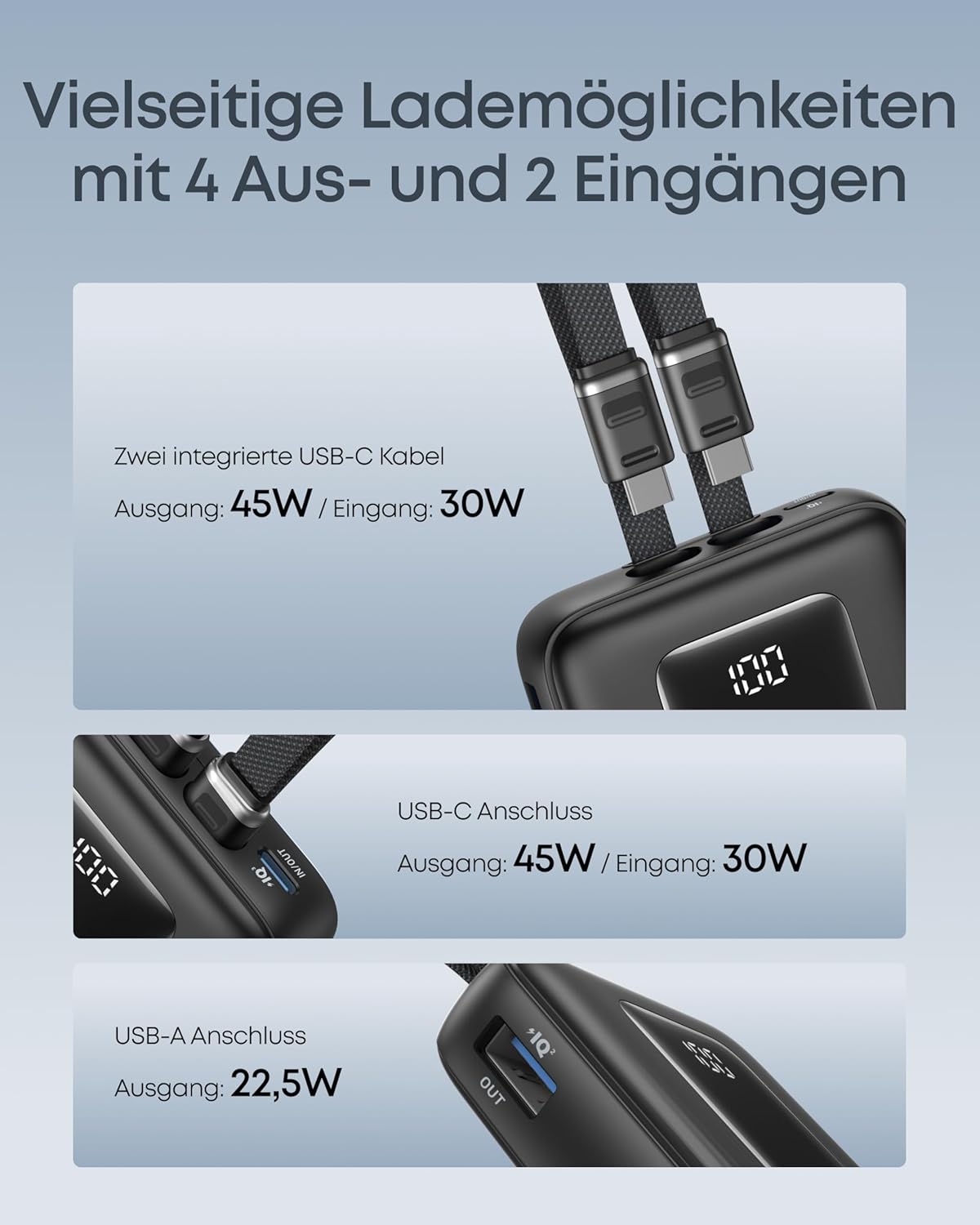 Anker Zolo Powerbank (20K, 45W, zwei integrierte USB-C Kabel)