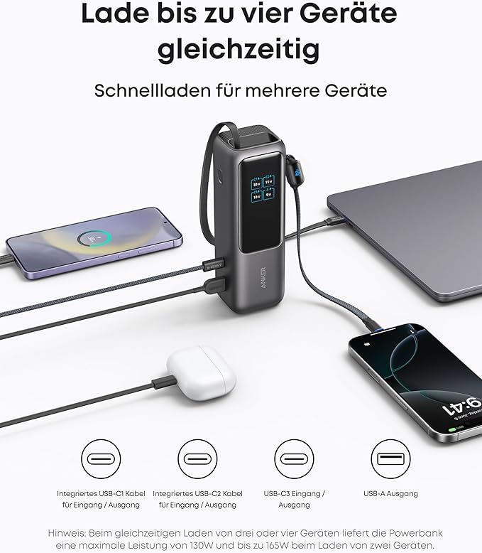 Anker Powerbank (25K, 165W, Integriertes + einziehbares Kabel) + Anker Ladegerät (140W, 4-Port, PD 3.1) mit USB-C Kabel