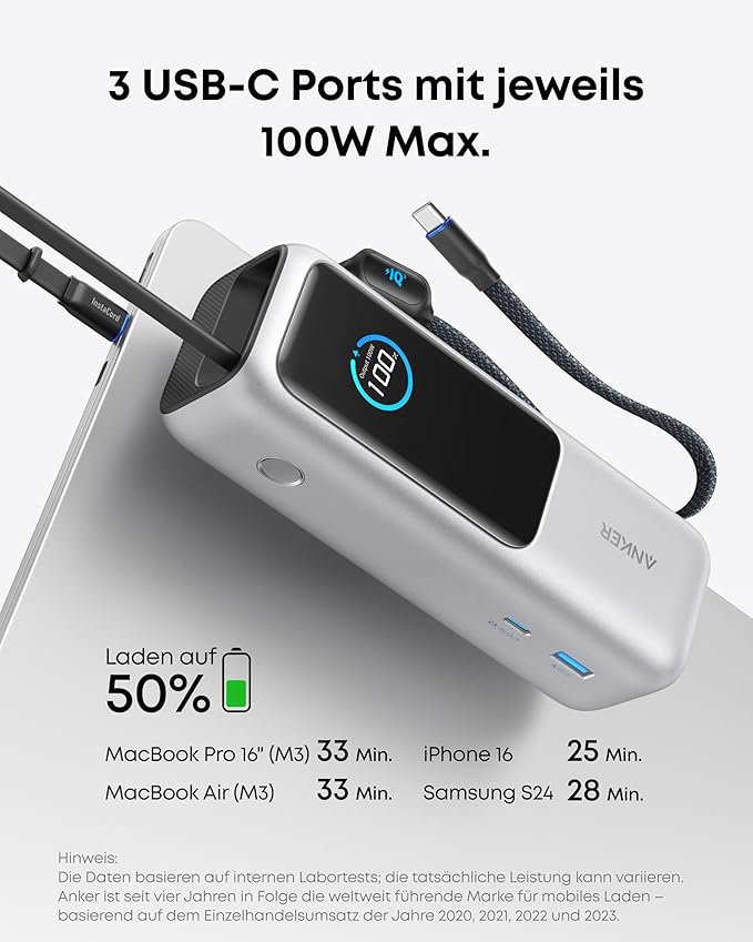 Anker Powerbank (25K, 165W, Integriertes + einziehbares Kabel) + Anker Ladegerät (140W, 4-Port, PD 3.1) mit USB-C Kabel
