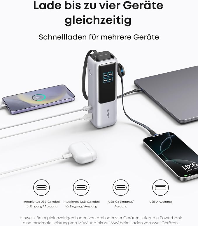 Anker Powerbank (25K, 165W, Integriertes + einziehbares Kabel) + Anker Ladegerät (140W, 4-Port, PD 3.1) mit USB-C Kabel