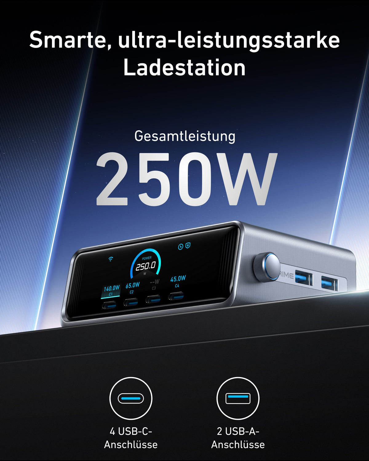 Anker Prime Ladegerät (250W, 6 Ports, GaNPrime) + Anker Ladegerät (100W, 3 Ports, Smart Display) mit USB-C Kabel