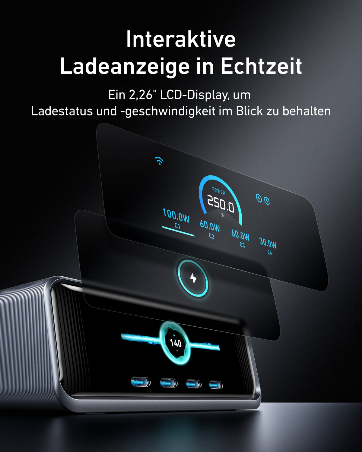Anker Prime Ladegerät (250W, 6 Ports, GaNPrime) + Anker Ladegerät (100W, 3 Ports, Smart Display) mit USB-C Kabel