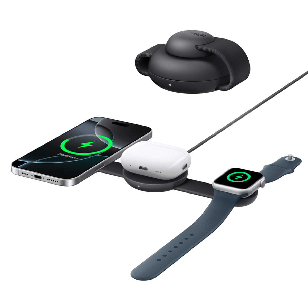 Anker MagGo kabellose Ladestation (3-in-1, Faltbares Ladepad) + Anker Ladegerät (100W, 3 Ports, Smart Display) mit USB-C Kabel
