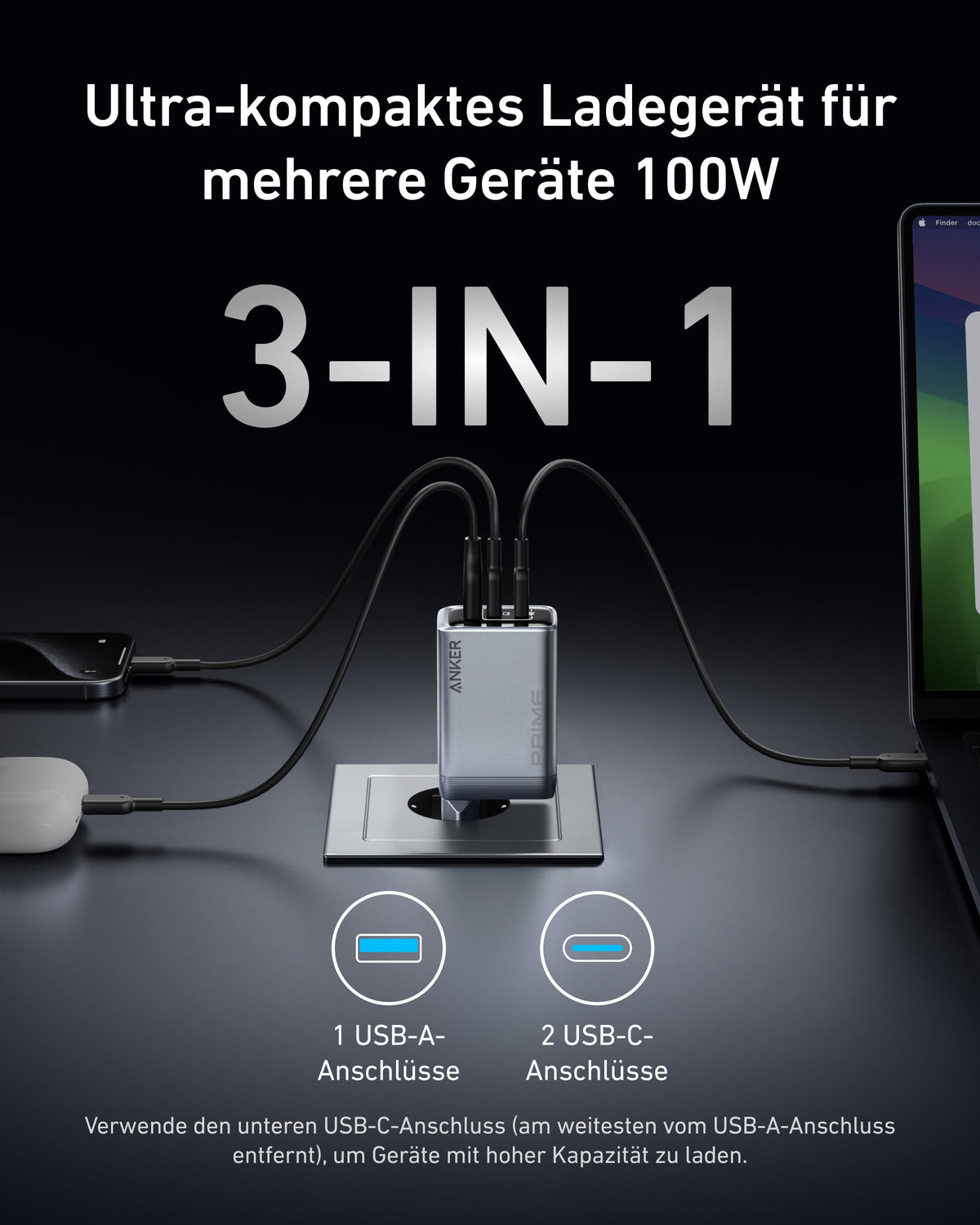 Anker Prime Ladegerät (100W, 3 Ports, GaN) + Anker Prime USB-C auf USB-C Kabel (1.8m, 240W, Upcycled-Flechtdesign)