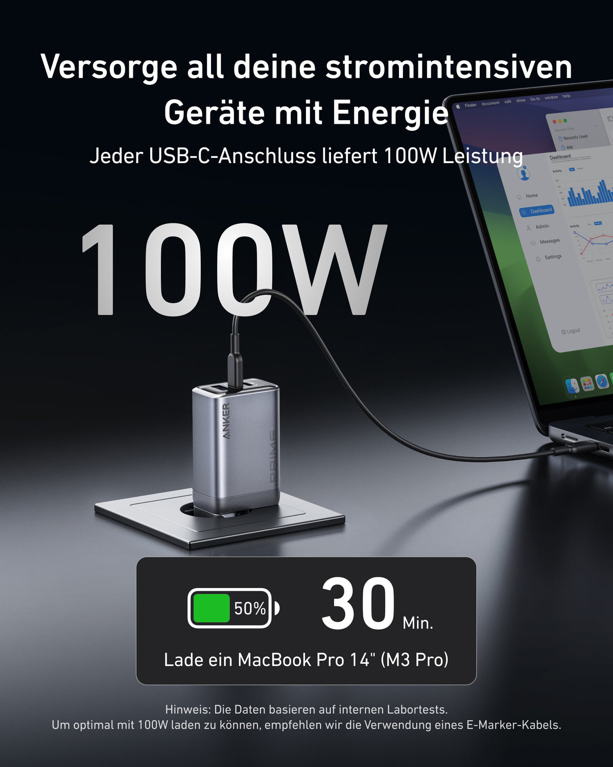 Anker Prime Ladegerät (100W, 3 Ports, GaN) + Anker Prime USB-C auf USB-C Kabel (1.8m, 240W, Upcycled-Flechtdesign)