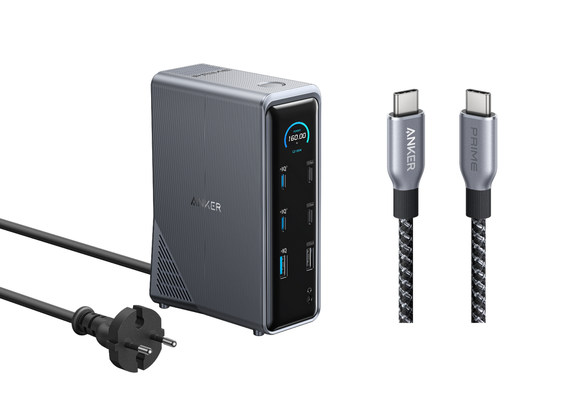 Anker Prime Ladedock (14-in-1, Duales Display, 160W) + Anker Prime USB-C auf USB-C Kabel (0,9m, 240W, Upcycled-Flechtdesign)