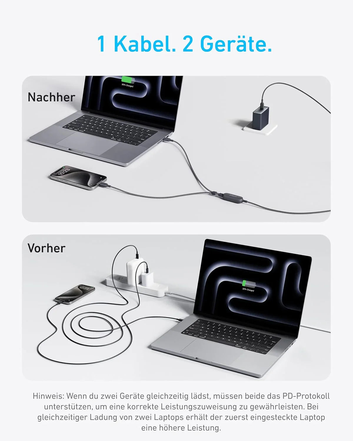 Anker Prime Ladegerät (160W, 3 Ports, GaNPrime) + Anker 2-in-1 USB-C auf USB-C Kabel (120cm, 140W, Flecht-Design)