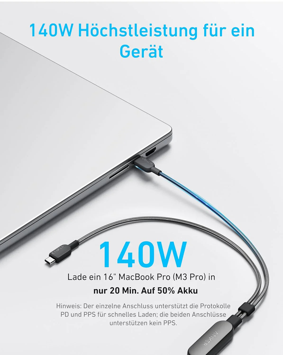 Anker Prime Ladegerät (250W, 6 Ports, GaNPrime) + Anker 2-in-1 USB-C auf USB-C Kabel (120cm, 140W, Flecht-Design)