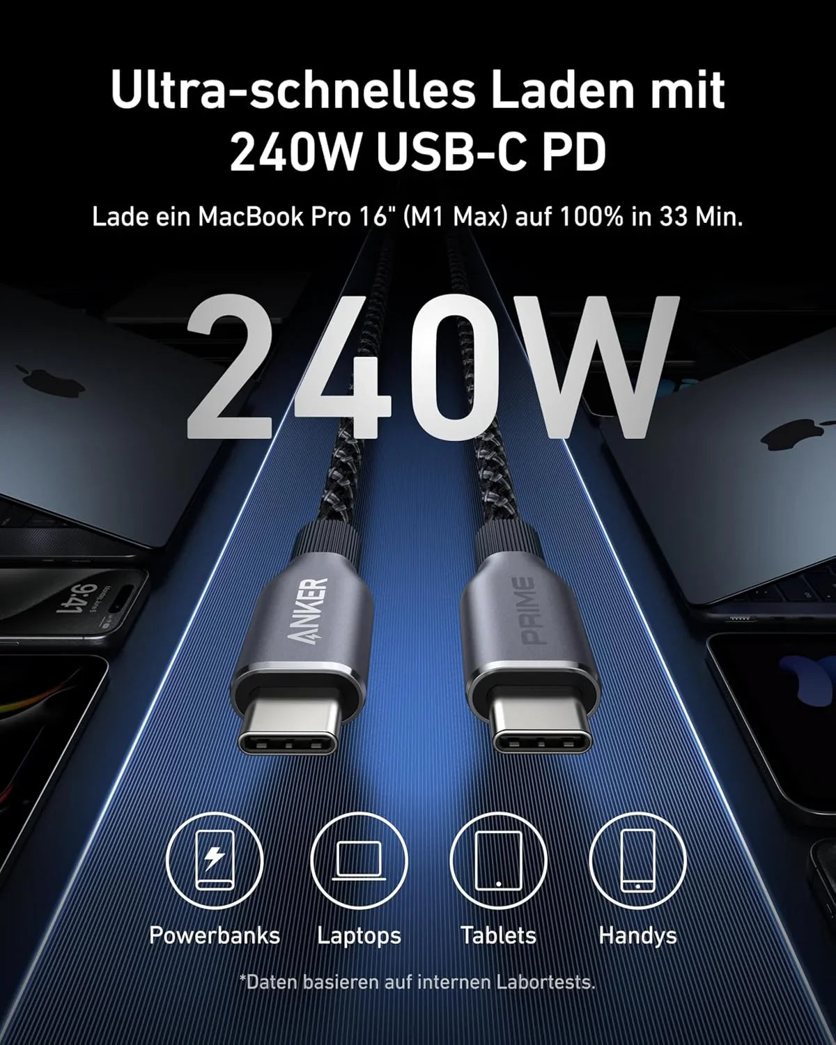 Anker Prime Ladegerät (160W, 3 Ports, GaNPrime）+ Anker Nano Ladegerät (70W, 3 Ports) + Anker Prime USB-C auf USB-C Kabel (1.8m, 240W, Upcycled-Flechtdesign)