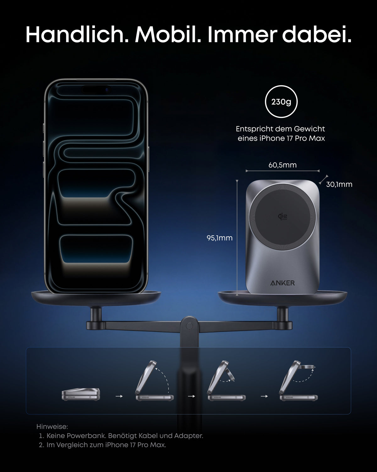 Anker Prime Kabellose Ladestation  (3-in-1, MagGo, AirCool, Faltbar)