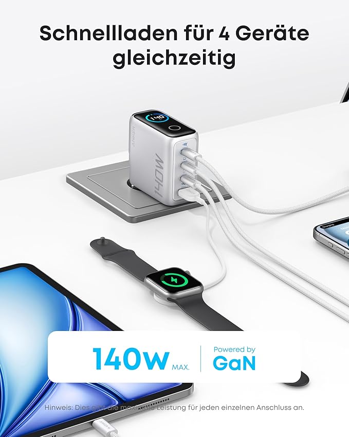 Anker Powerbank (25K, 165W, Integriertes + einziehbares Kabel) + Anker Ladegerät (140W, 4-Port, PD 3.1) mit USB-C Kabel