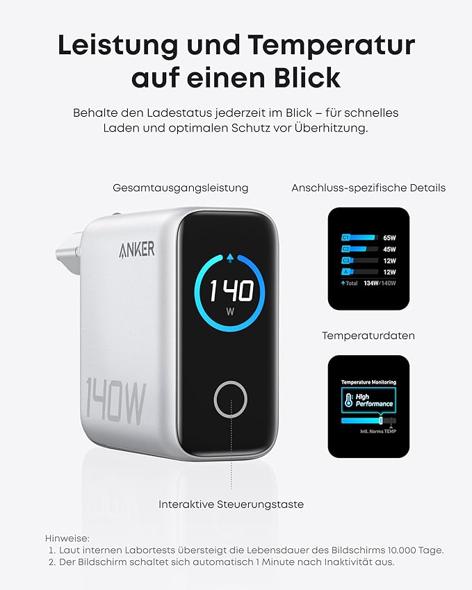 Anker Powerbank (25K, 165W, Integriertes + einziehbares Kabel) + Anker Ladegerät (140W, 4-Port, PD 3.1) mit USB-C Kabel
