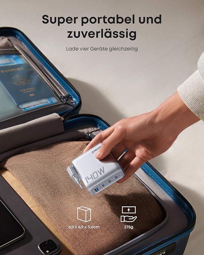 Anker Powerbank (25K, 165W, Integriertes + einziehbares Kabel) + Anker Ladegerät (140W, 4-Port, PD 3.1) mit USB-C Kabel