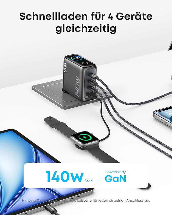 Anker Powerbank (25K, 165W, Integriertes + einziehbares Kabel) + Anker Ladegerät (140W, 4-Port, PD 3.1) mit USB-C Kabel