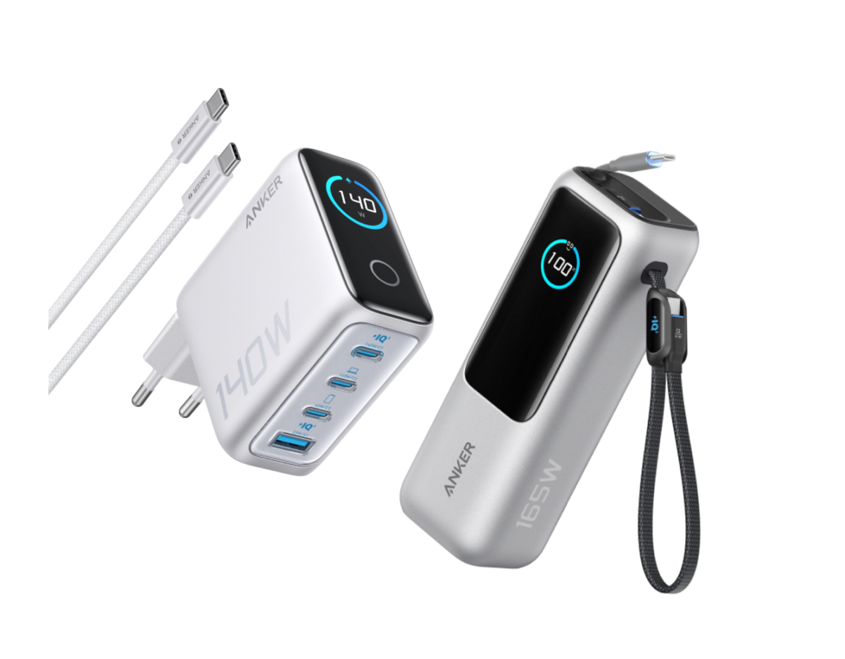 Anker Powerbank (25K, 165W, Integriertes + einziehbares Kabel) + Anker Ladegerät (140W, 4-Port, PD 3.1) mit USB-C Kabel