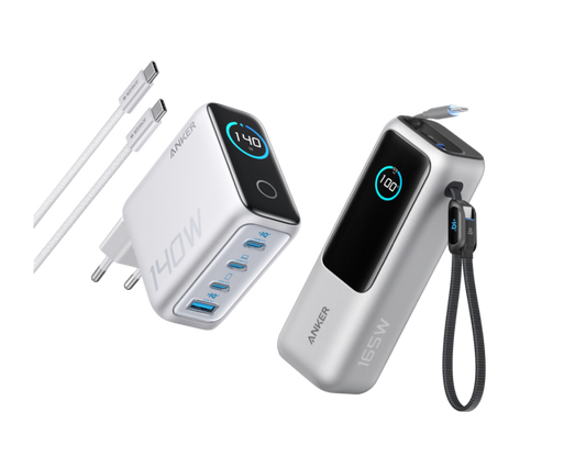 Anker Powerbank (25K, 165W, Integriertes + einziehbares Kabel) + Anker Ladegerät (140W, 4-Port, PD 3.1) mit USB-C Kabel
