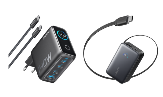 Anker Ladegerät (140W, 4-Port, PD 3.1) mit USB-C Kabel + Anker Nano Powerbank (10K, 45W, Integriertes einziehbares USB-C Kabel)