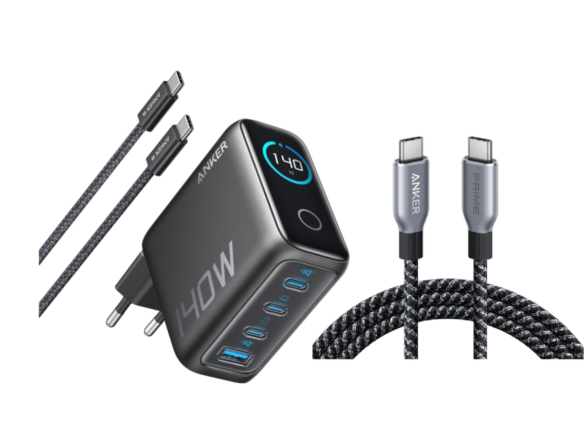 Anker Ladegerät (140W, 4-Port, PD 3.1) mit USB-C Kabel + Anker Prime USB-C auf USB-C Kabel (240W, Upcycled-Flechtdesign, 1,8m)