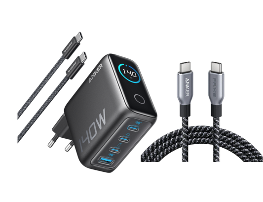 Anker Ladegerät (140W, 4-Port, PD 3.1) mit USB-C Kabel + Anker Prime USB-C auf USB-C Kabel (240W, Upcycled-Flechtdesign, 1,8m)
