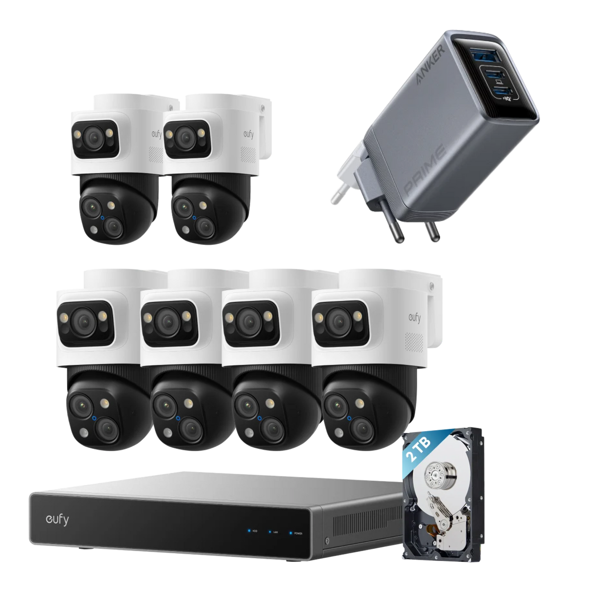 Anker eufy PoE Bullet-PTZ-Kamera S4 6-Cam Kit und Anker Prime Ladegerät (100W, 3 Ports, GaN)