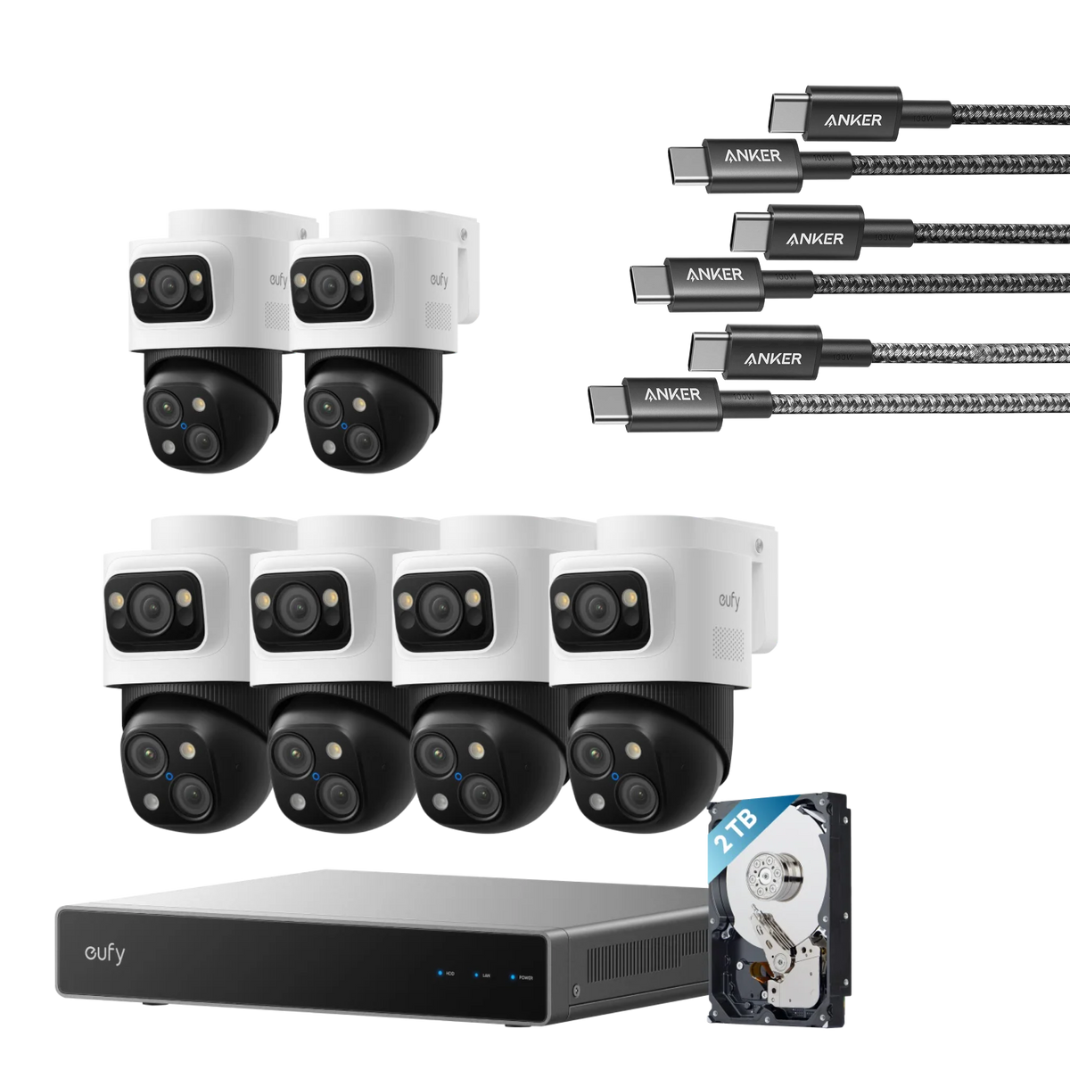 Anker eufy PoE Bullet-PTZ-Kamera S4 6-Cam Kit und Anker 333 USB-C Kabel (1m+1,8m+3m, 3-Pack)