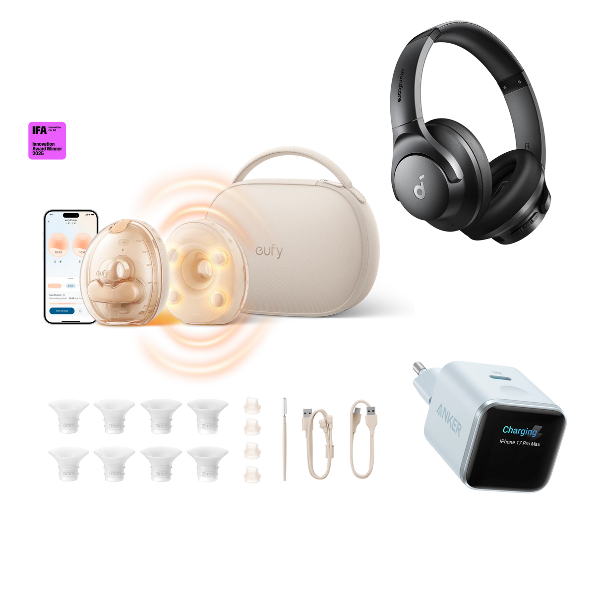 Anker eufy Milchpumpe mit Ladecase S2 Pro, Nano Ladegerät (45W, Smart Display) und Q20i Kopfhörer mit Noise Cancelling