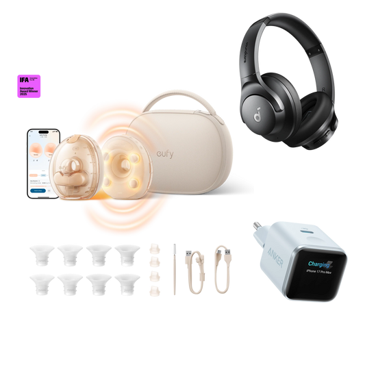 Anker eufy Milchpumpe mit Ladecase S2 Pro, Nano Ladegerät (45W, Smart Display) und Q20i Kopfhörer mit Noise Cancelling