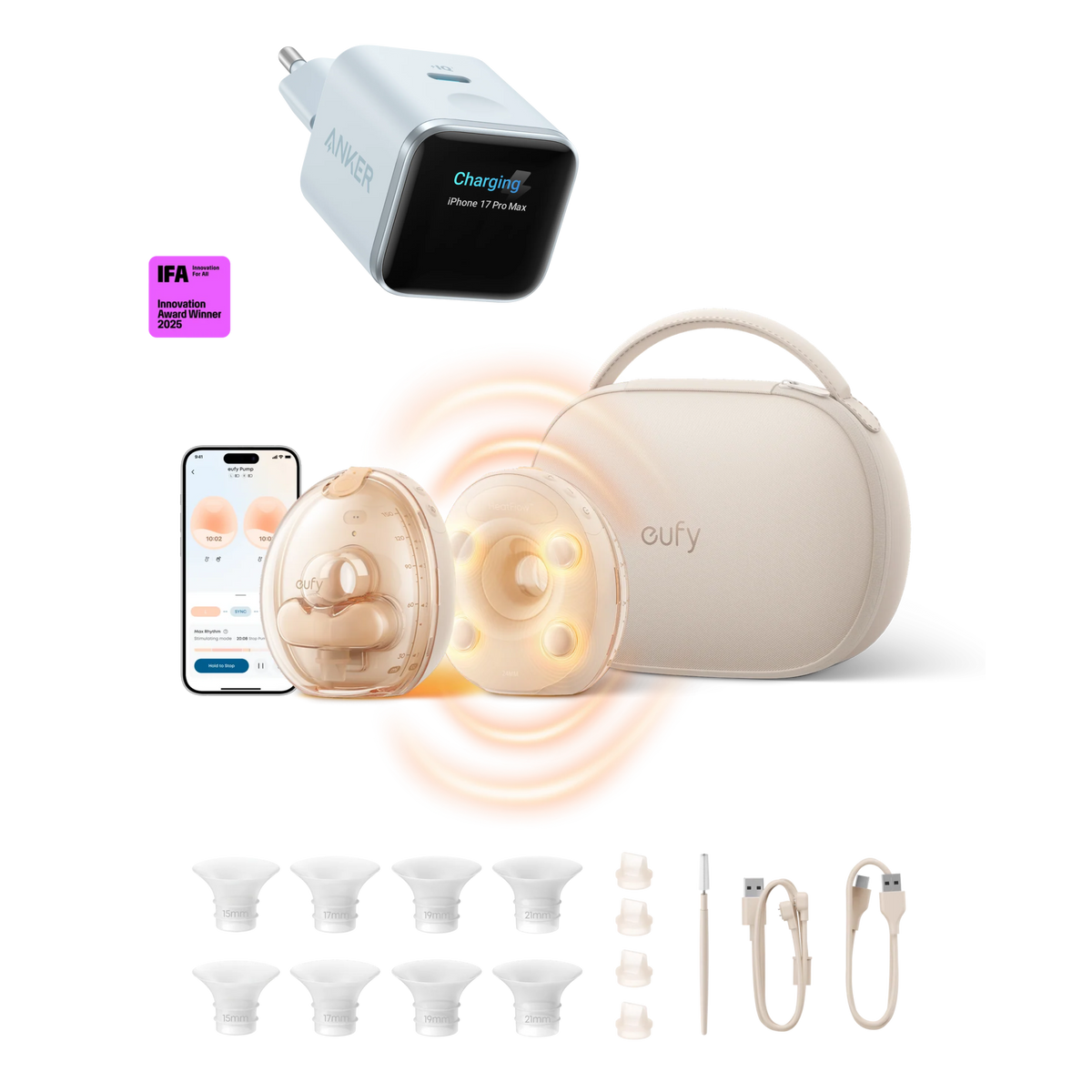 Anker eufy Milchpumpe mit Ladecase S2 Pro und Anker Nano Ladegerät (45W, Smart Display)