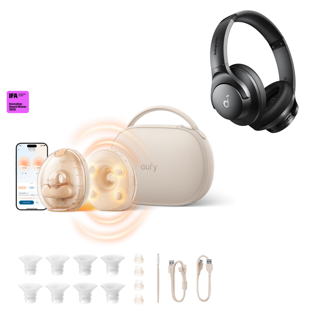 Anker eufy Milchpumpe mit Ladecase S2 Pro und Q20i Kopfhörer mit Hybrid Active Noise Cancelling