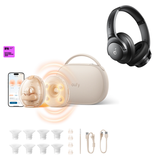 Anker eufy Milchpumpe mit Ladecase S2 Pro und Q20i Kopfhörer mit Hybrid Active Noise Cancelling