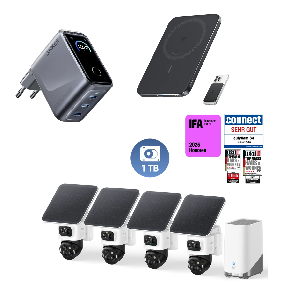 Anker eufyCam S4 4‑Kamera‑Set mit 1TB Festplatte, Anker Nano Powerbank (5K, Slim) und Prime Ladegerät (160W, GaNPrime)