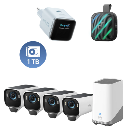 Anker eufyCam S3 Pro 4‑Kamera‑Set mit 1TB Festplatte, Anker Nano Ladegerät (45W, Smart Display) und soundcore Boom Go 3i
