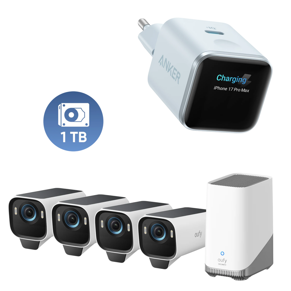 Anker eufyCam S3 Pro 4‑Kamera‑Set, 1TB Festplatte und Nano Ladegerät (45W)